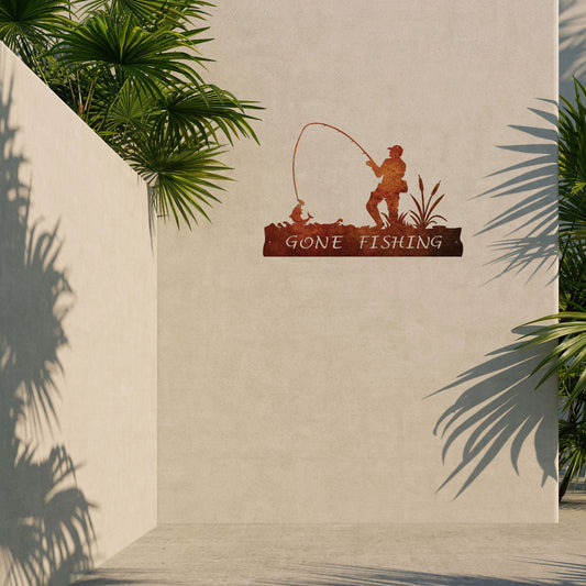 Corten Steel Laser Cut Wall Art - Gone Fishing