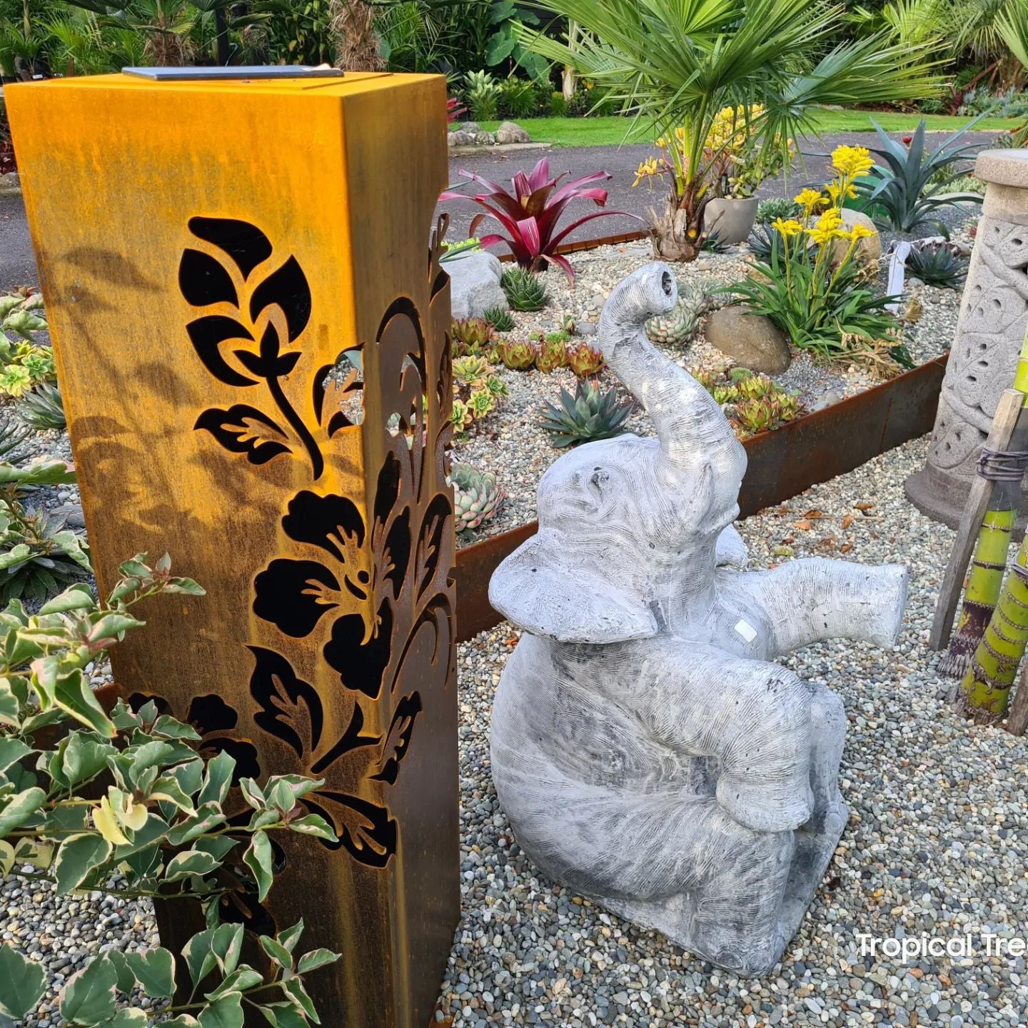 CortenAura Corten Steel Garden Sculpture Pillar - Hibiscus