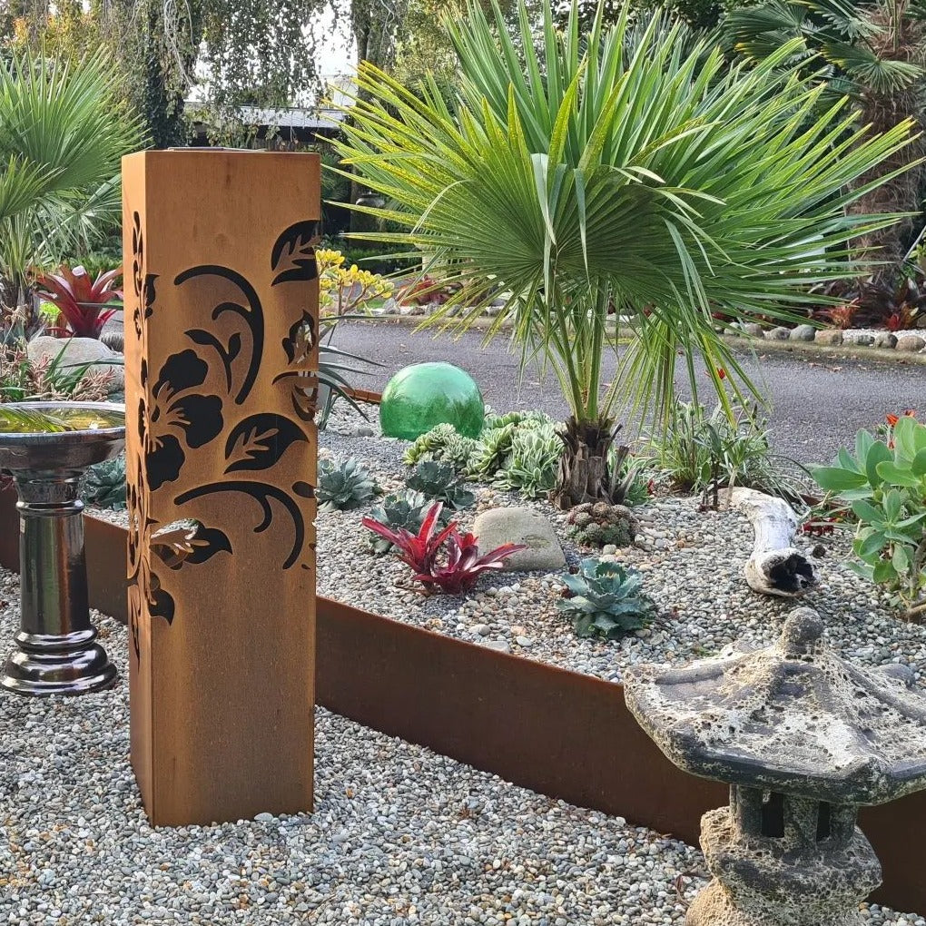 CortenAura Corten Steel Garden Sculpture Pillar - Hibiscus
