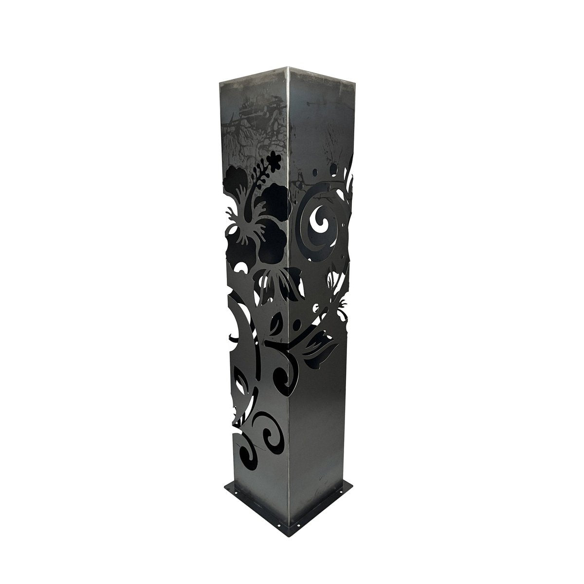 Corten Steel Garden Sculpture - CortenAura Bollard - Hibiscus and Koru