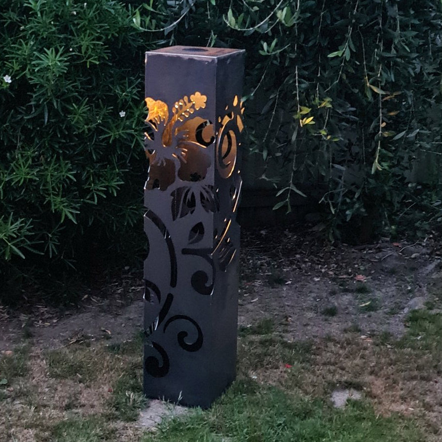 Corten Steel Garden Sculpture - CortenAura Bollard - Hibiscus and Koru