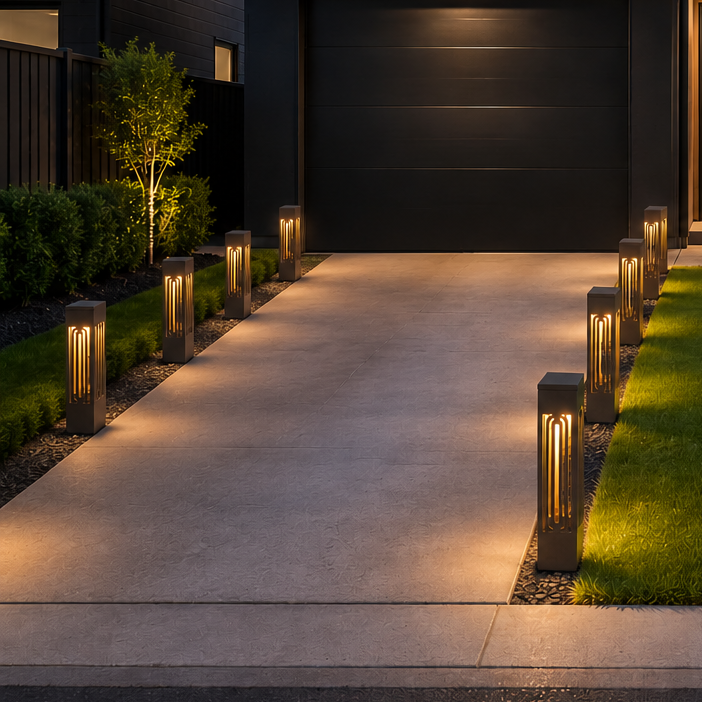 Modern house exterior with a driveway and illuminated lamp posts.