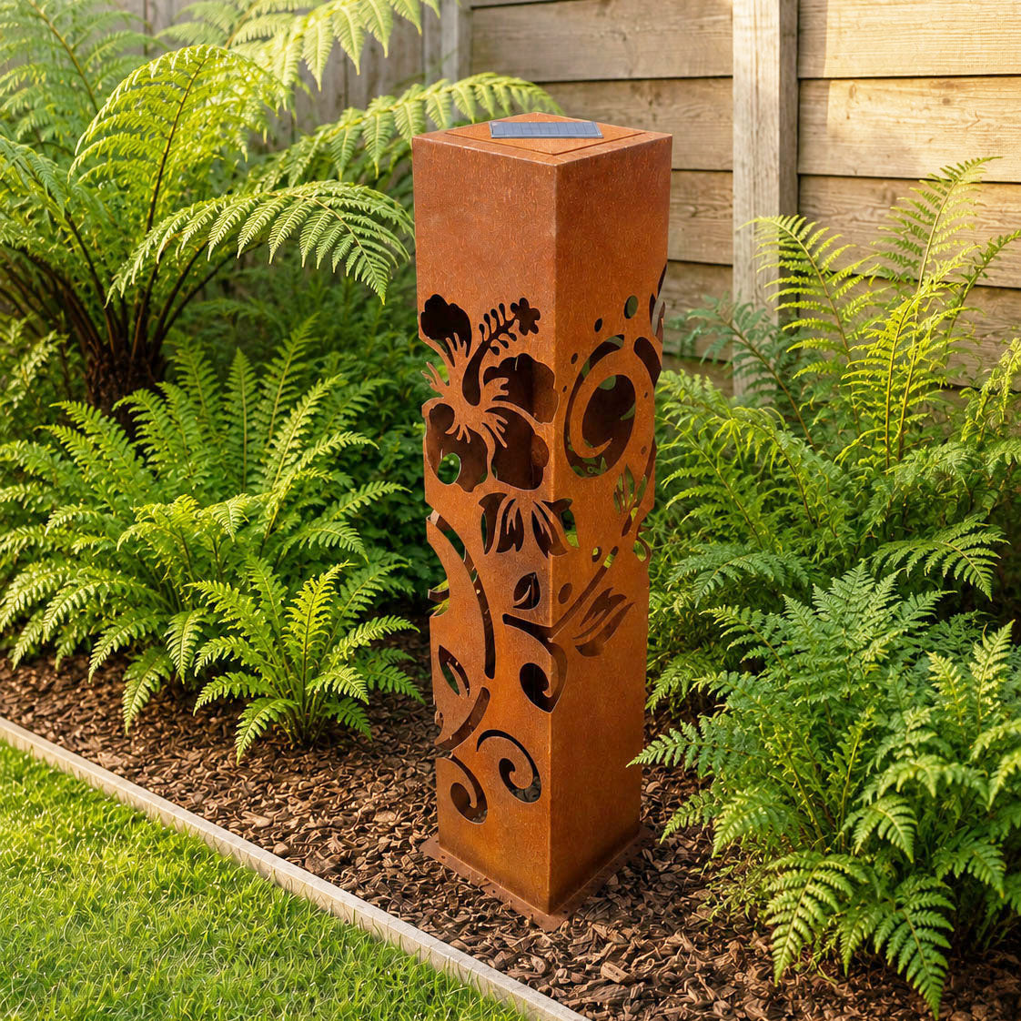 Corten Steel Garden Sculpture - CortenAura Bollard - Hibiscus and Koru