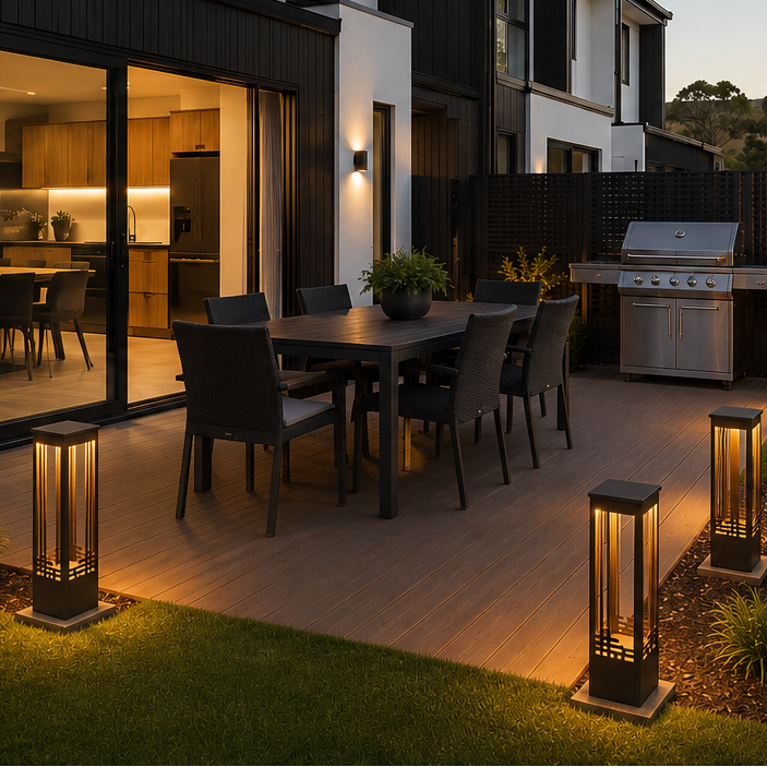 Modern house exterior with outdoor dining area and landscaped garden at dusk.