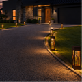 Modern house exterior at dusk with illuminated pathway and lights.