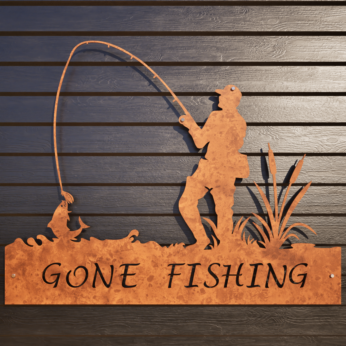Corten Steel Laser Cut Wall Art - Gone Fishing
