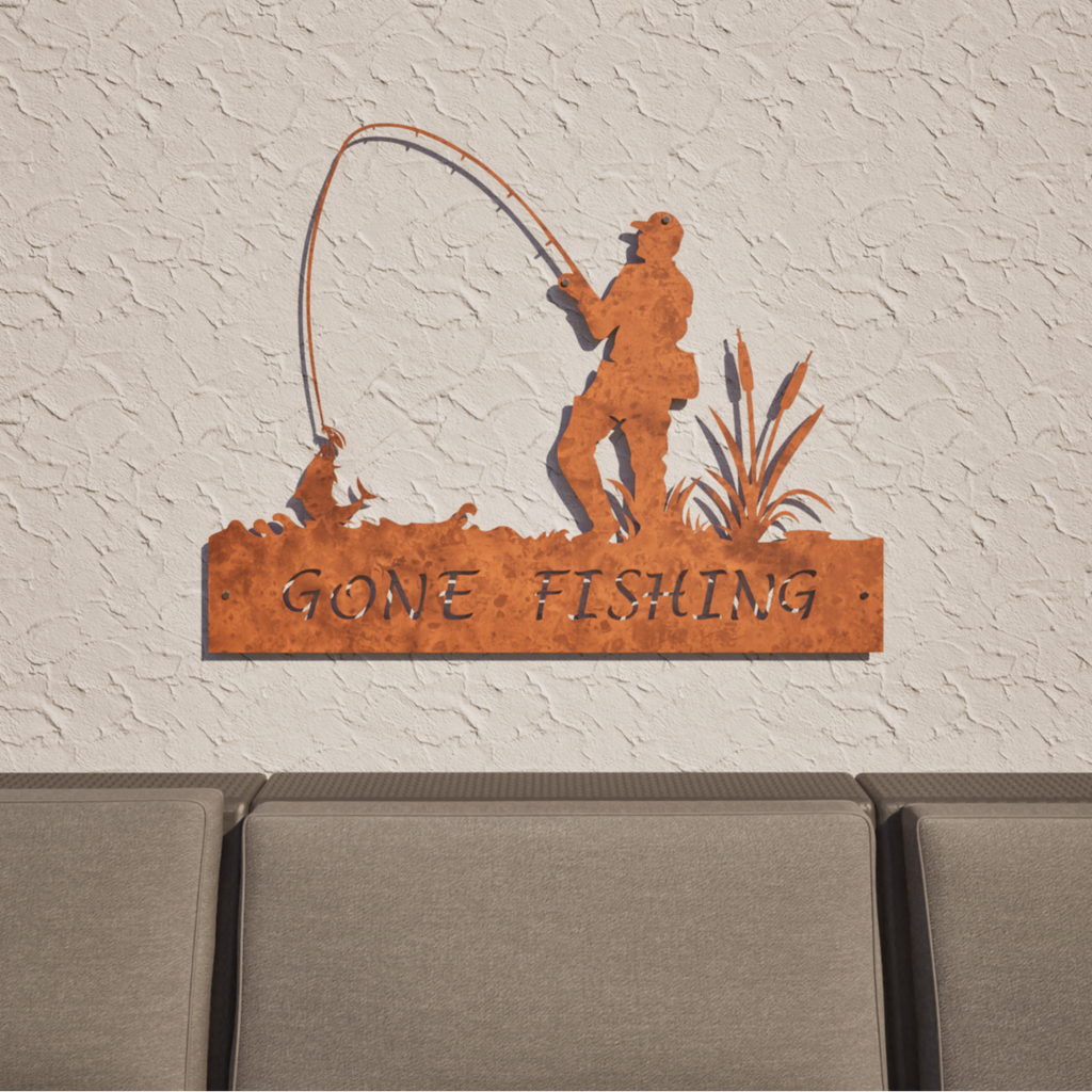 Corten Steel Laser Cut Wall Art - Gone Fishing