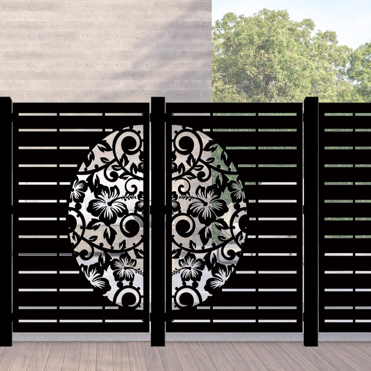 Decorative Laser Cut Fence Panel  - Half Hibiscus with Koru & Straight Lines