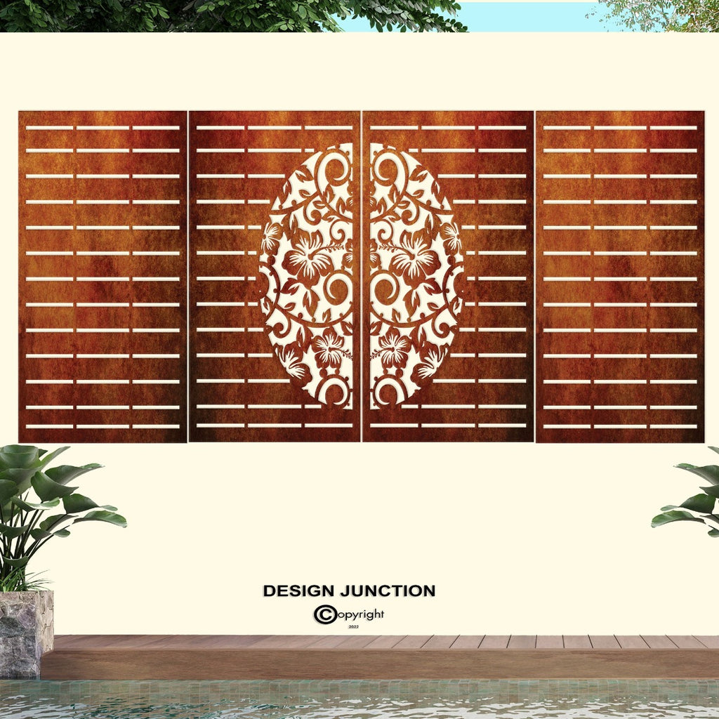 Decorative Laser Cut Fence Panel  - Half Hibiscus with Koru & Straight Lines