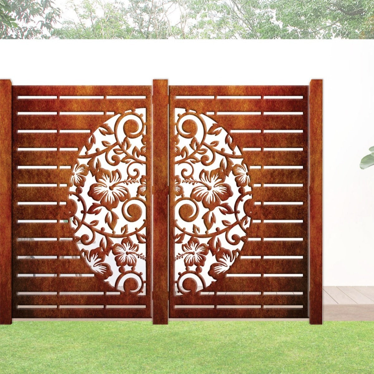 Decorative Laser Cut Fence Panel  - Half Hibiscus with Koru & Straight Lines
