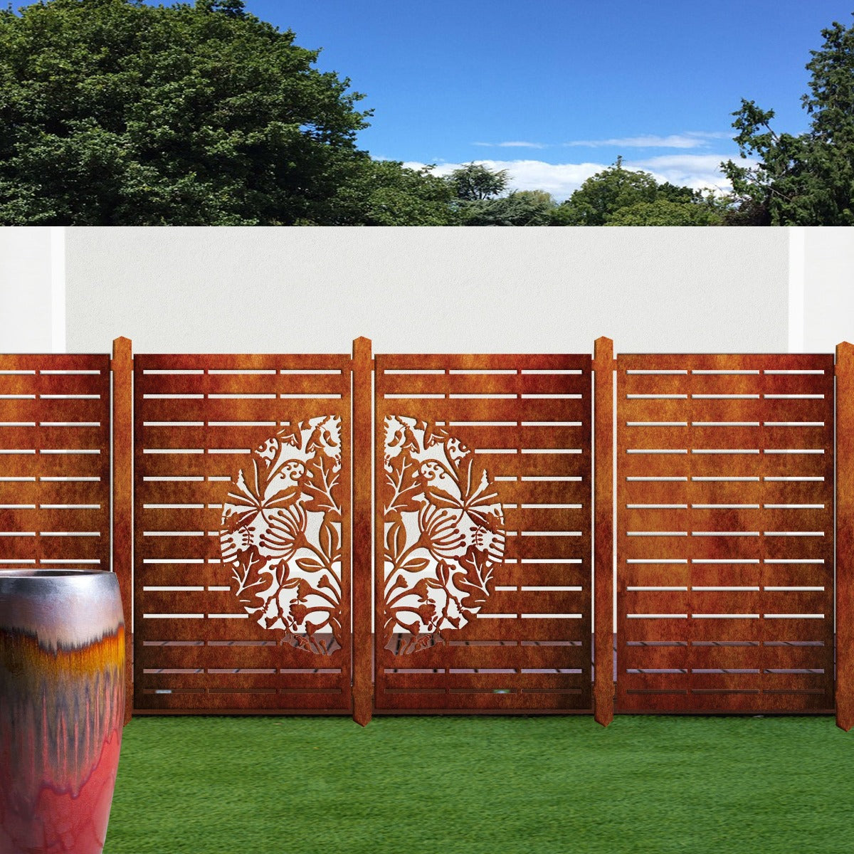 Laser Cut Fence Panel  - Half NZ Flowers & Leaves with Straight lines